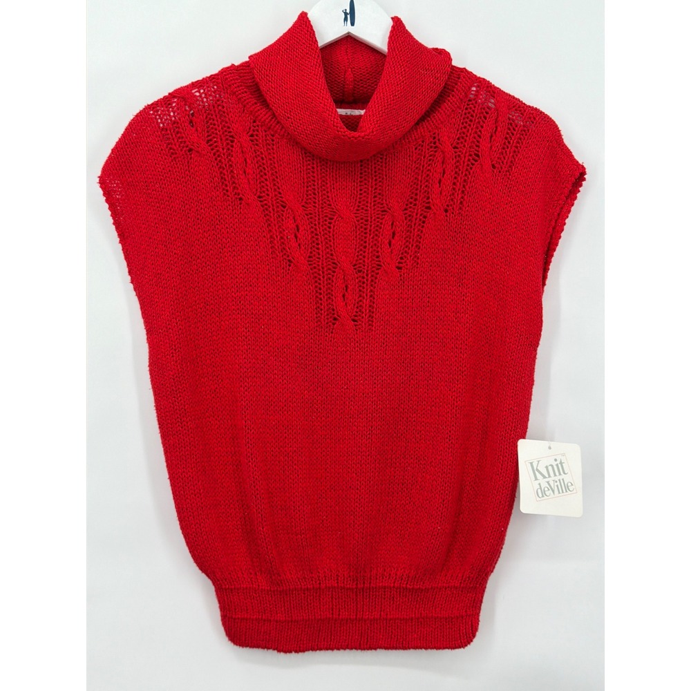 Vintage Knit deVille Red Silk Blend Turtleneck Cable Knit Sweater Vest Large New